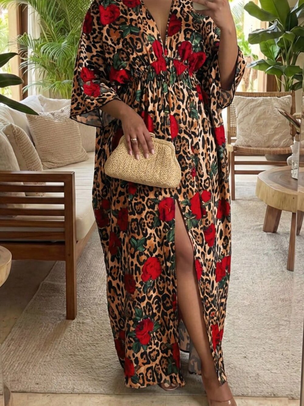 Red Casual Women's Plus Size High Waisted V-Neck Split Hem A-Line Dress